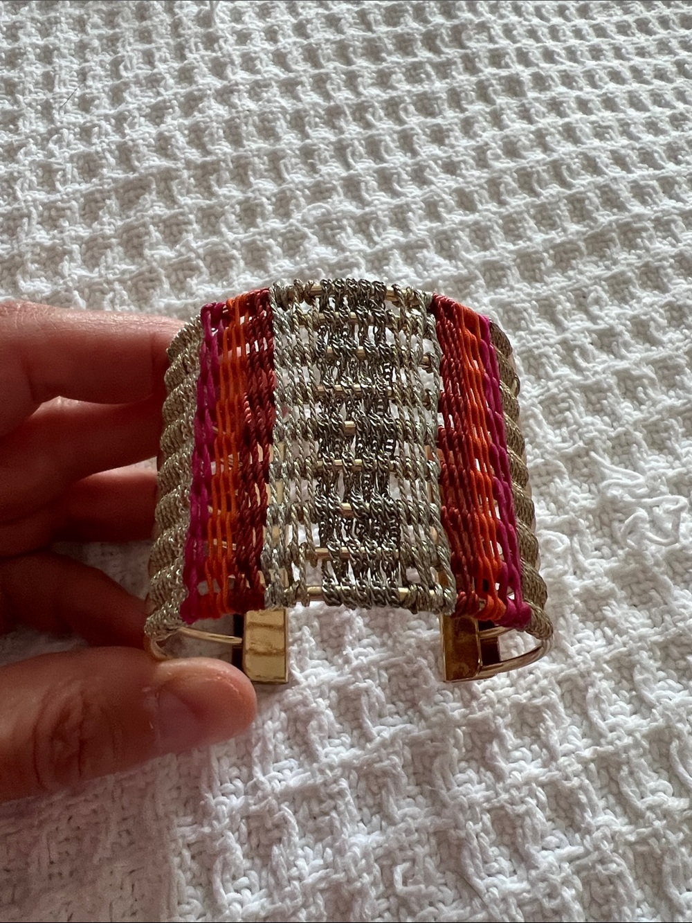 Gold-Tone Multicolor Woven Cuff Bracelet - Pink & Orange Accents